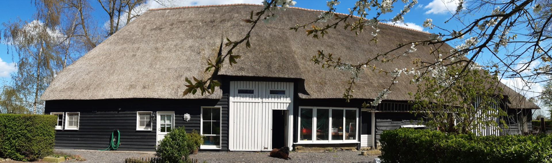 Zijaanzicht vakantiehuis en schuur